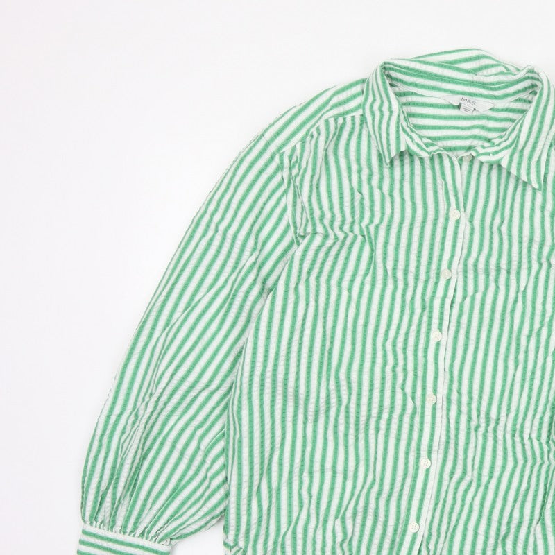 Marks & Spencer Women Green Stripe Cotton Balloon Sleeve Shirt UK 14