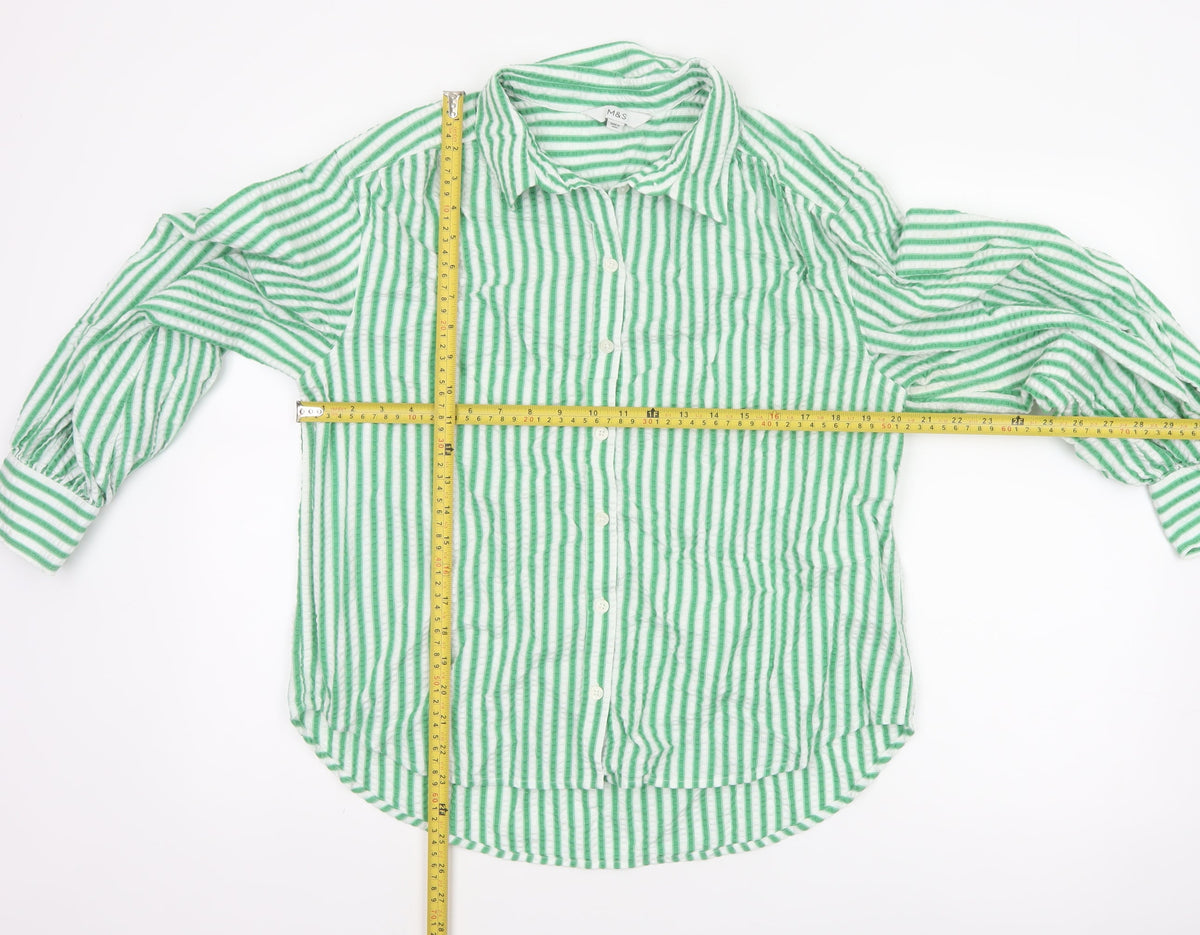 Marks & Spencer Women Green Stripe Cotton Balloon Sleeve Shirt UK 14