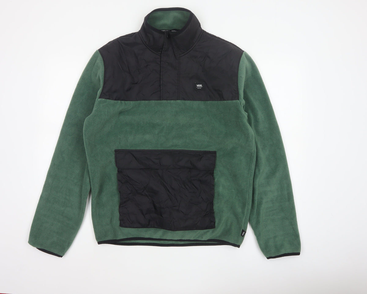 Back view of Vans Men Green Small 1/4 Zip Fleece Pullover Sweatshirt Logo Pockets