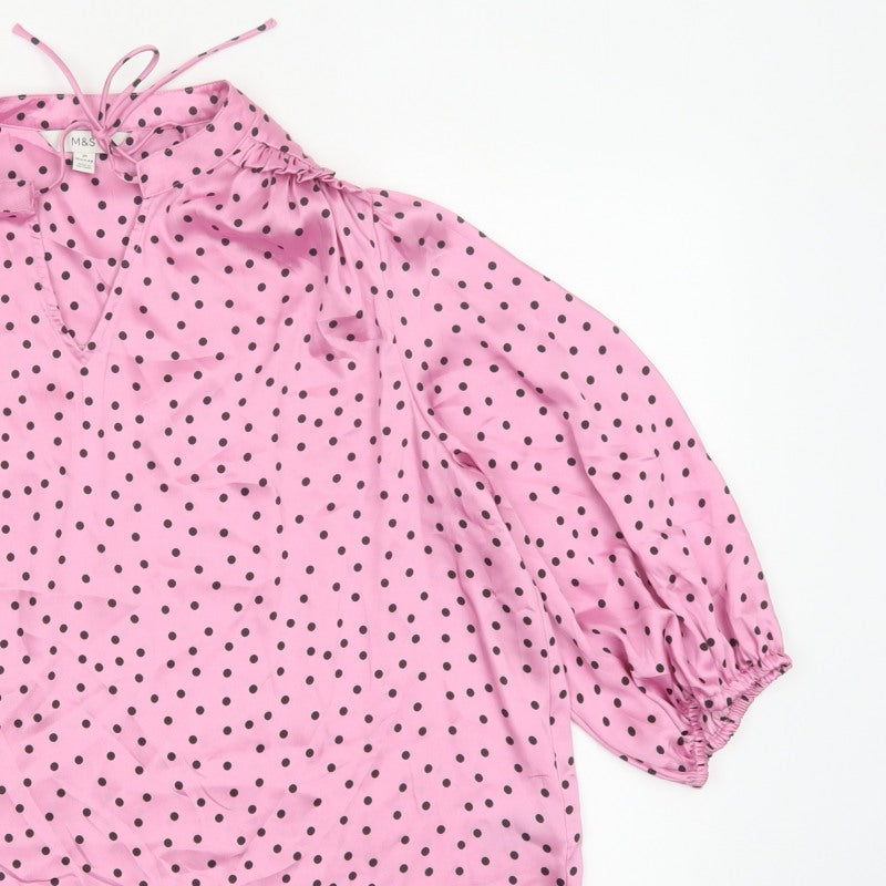 Marks and Spencer Women's Pink Size 20 Polka Dot Ruffle Tie Neck Blouse
