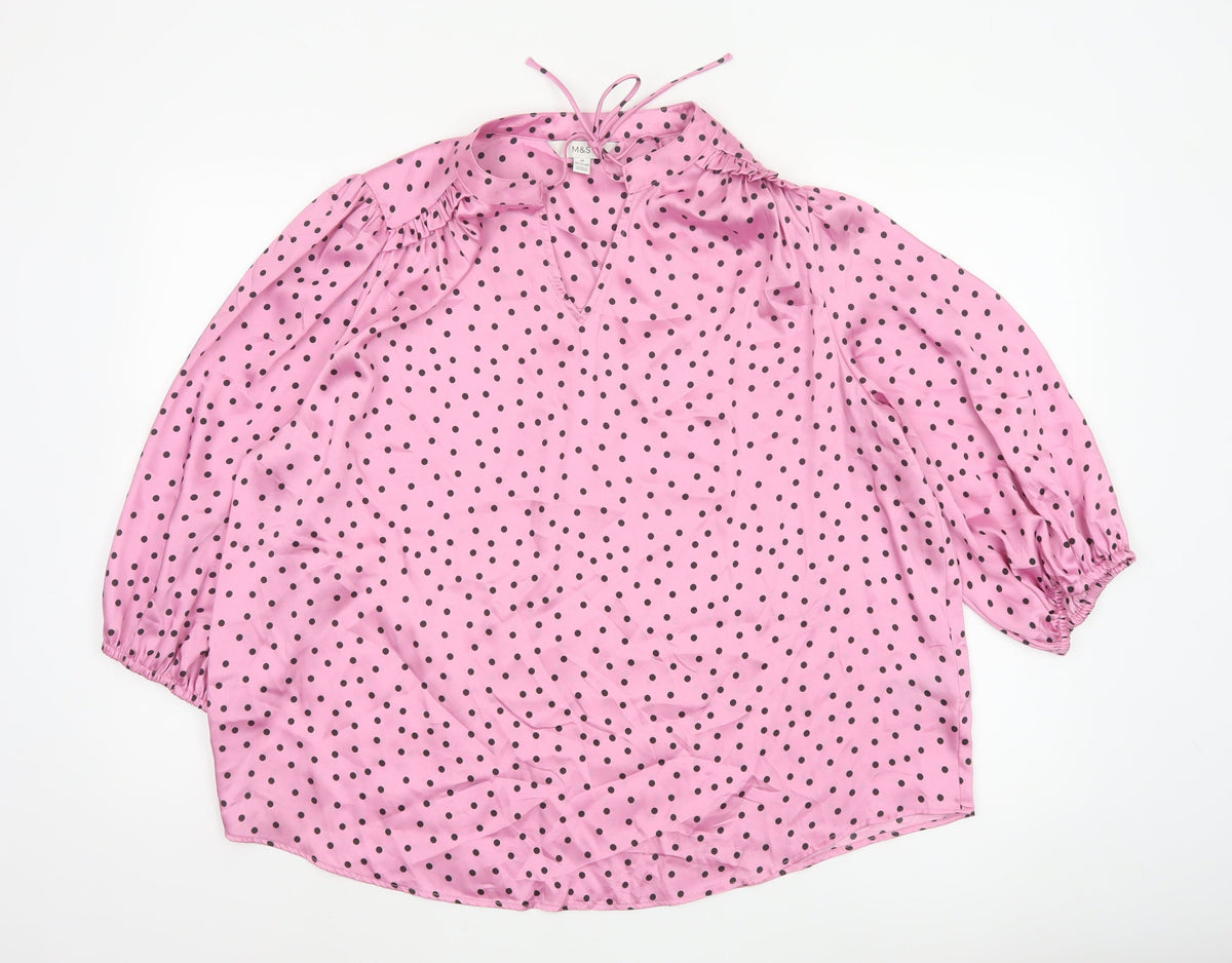 Marks and Spencer Women's Pink Size 20 Polka Dot Ruffle Tie Neck Blouse