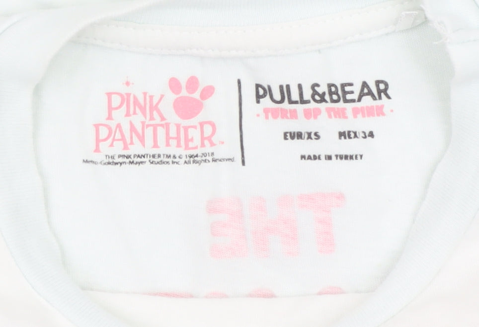 Pull&Bear Women’s White XS Pink Panther Cartoon Cotton T-Shirt