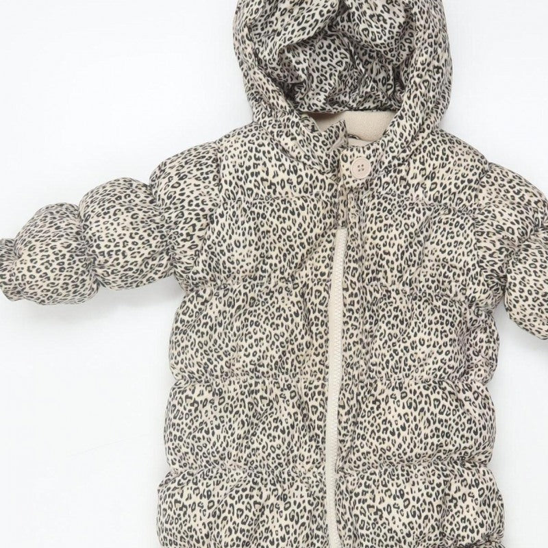 babyGap Unisex Beige Leopard Print 6-9 Months Padded Hooded Snowsuit