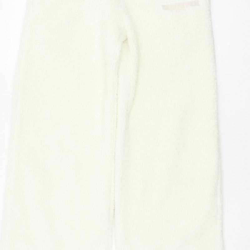 White Fox Women Ivory XS Fleece Wide-Leg Jogger Trousers Drawstring