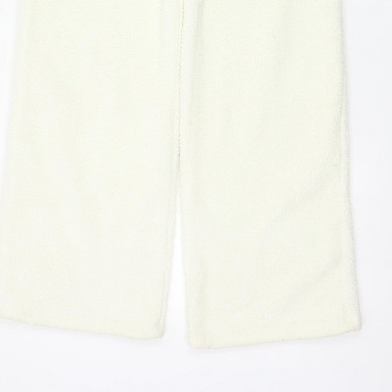 White Fox Women Ivory XS Fleece Wide-Leg Jogger Trousers Drawstring