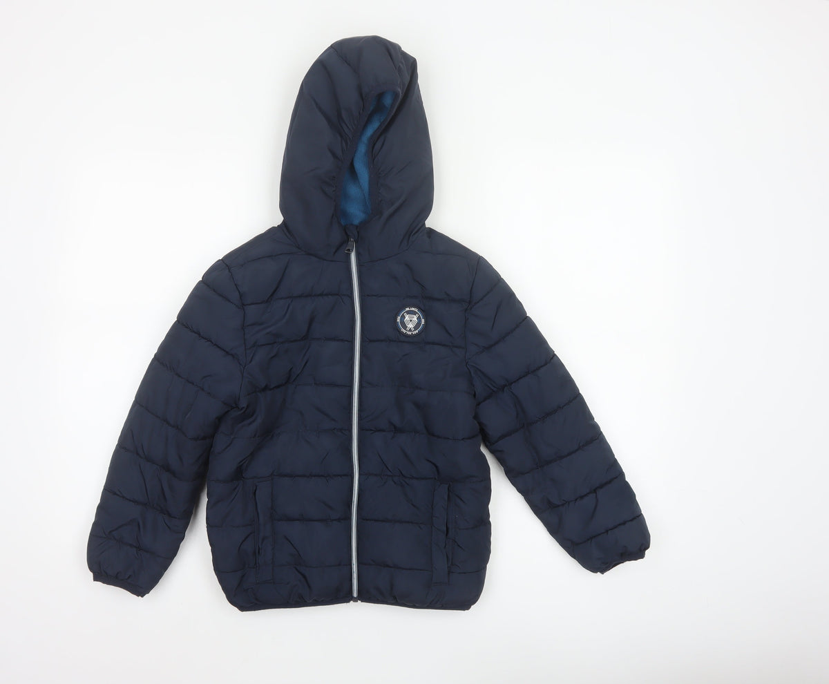 Back view of Studio boys’ blue 7-8 years hooded puffer jacket quilted fleece lined