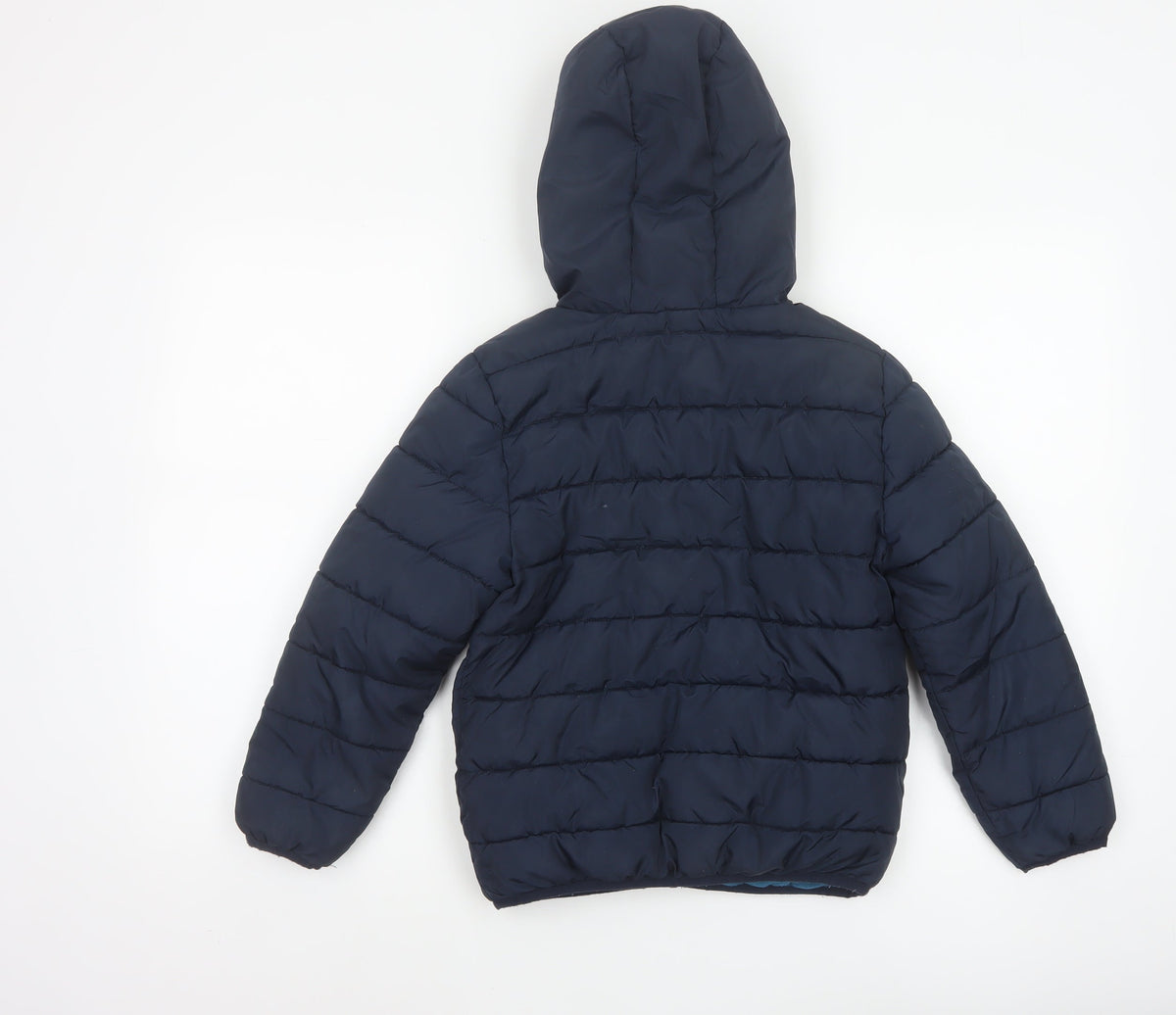 Brand and care label for Studio boys’ blue 7-8 years hooded puffer jacket quilted fleece lined