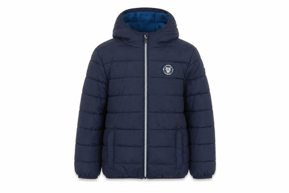 Front view of Studio boys’ blue 7-8 years hooded puffer jacket quilted fleece lined