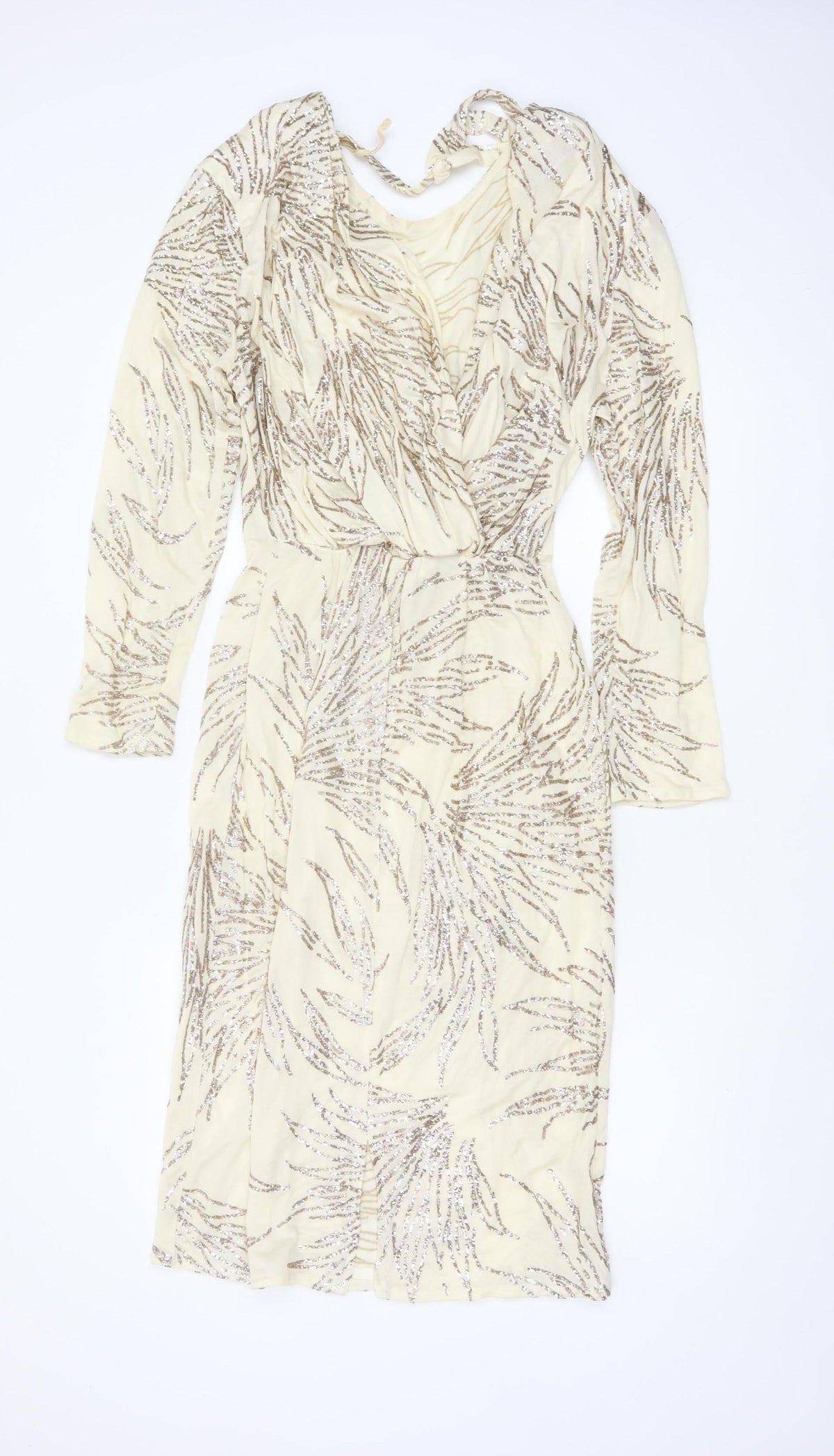 Jin Fizz Women Ivory UK 14 Vintage Sequin V-Neck Midi Sheath Dress