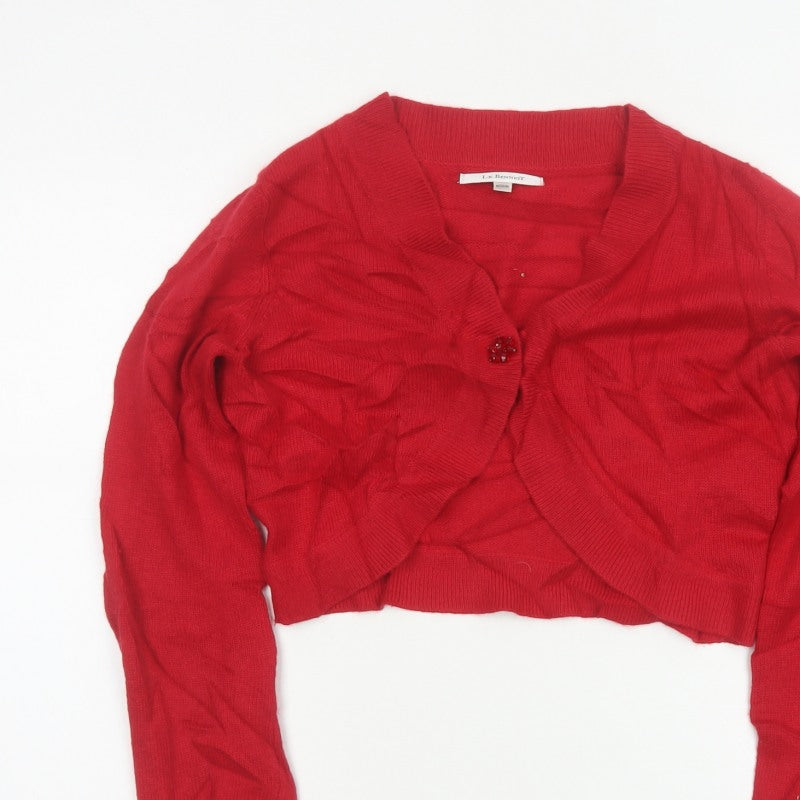 L.K. Bennett Women Red M V-Neck Beaded Button Knit Cardigan