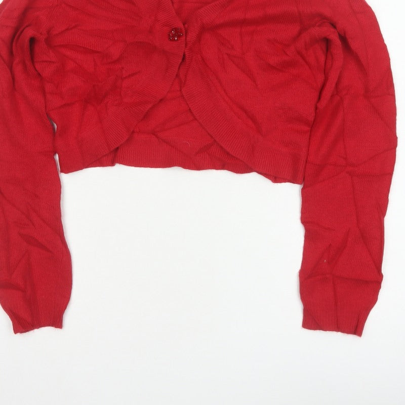 L.K. Bennett Women Red M V-Neck Beaded Button Knit Cardigan