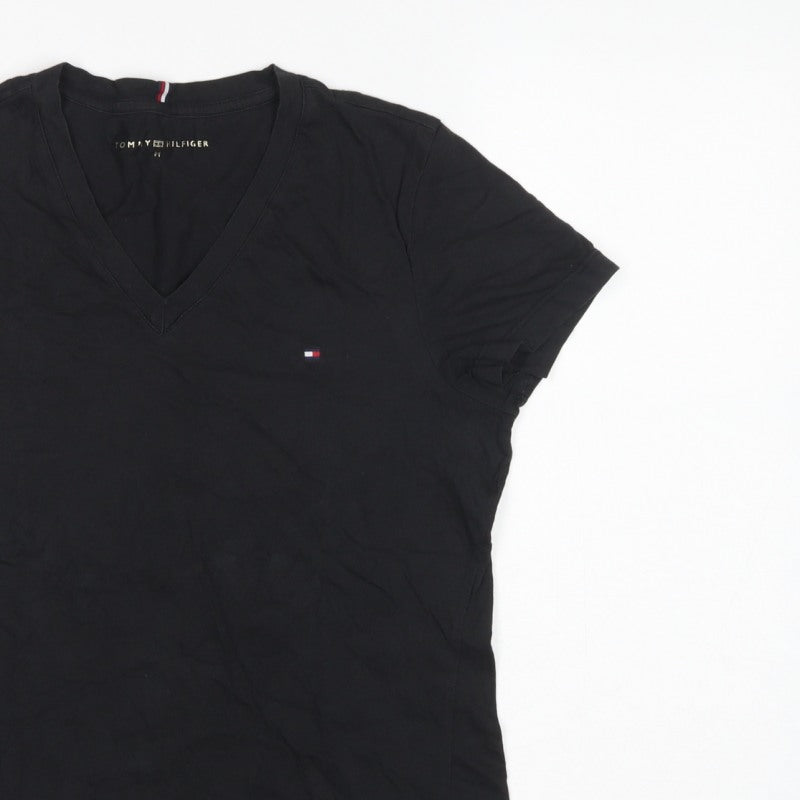 Tommy Hilfiger Women Black M Slim V-Neck Cotton Basic T-Shirt