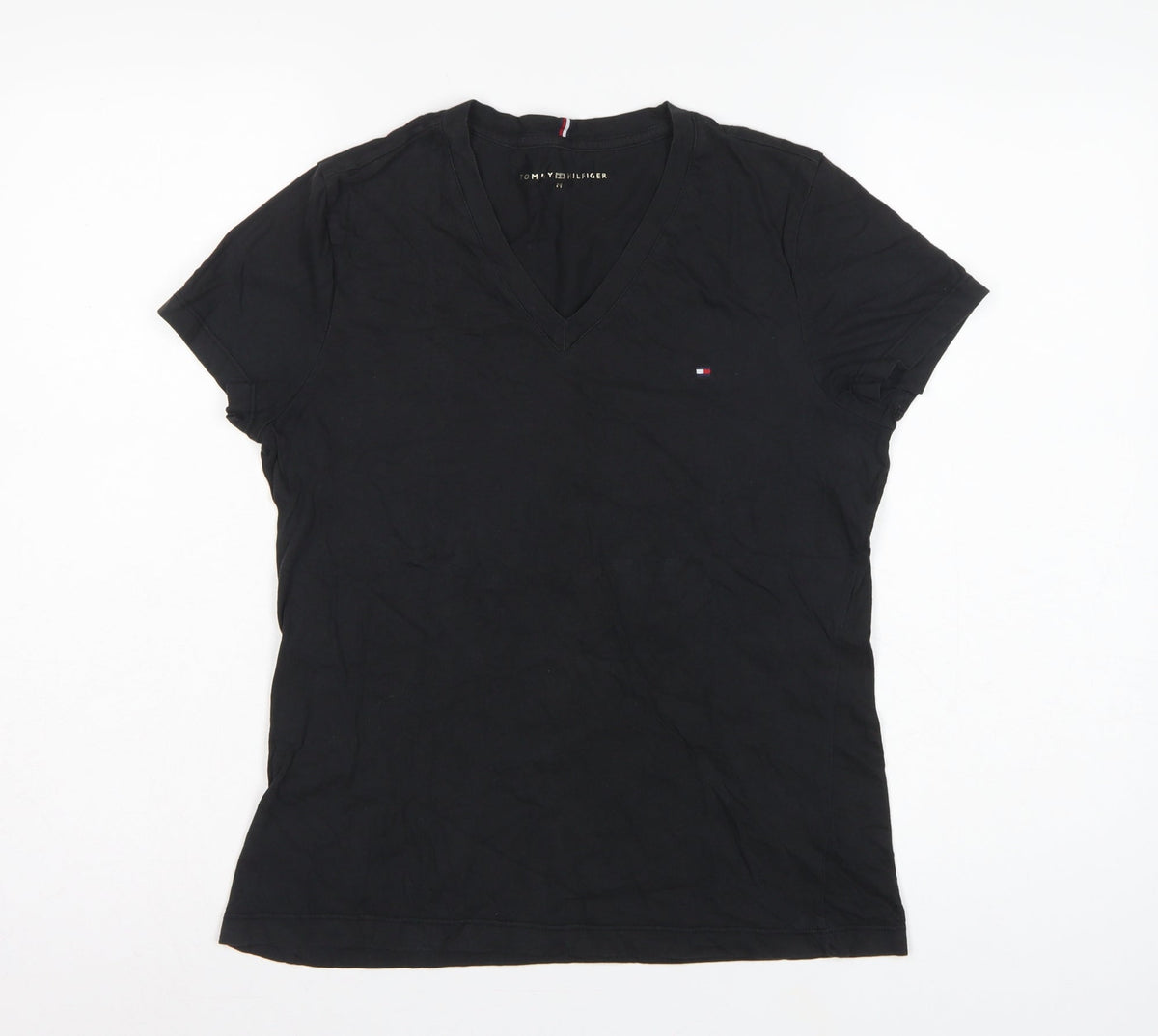 Tommy Hilfiger Women Black M Slim V-Neck Cotton Basic T-Shirt
