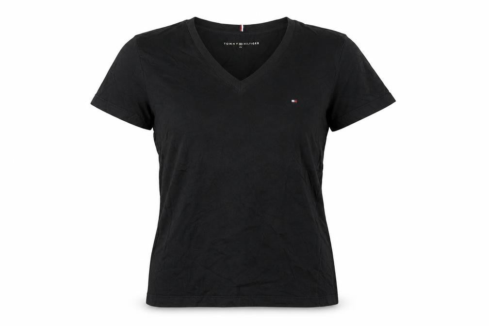 Tommy Hilfiger Women Black M Slim V-Neck Cotton Basic T-Shirt