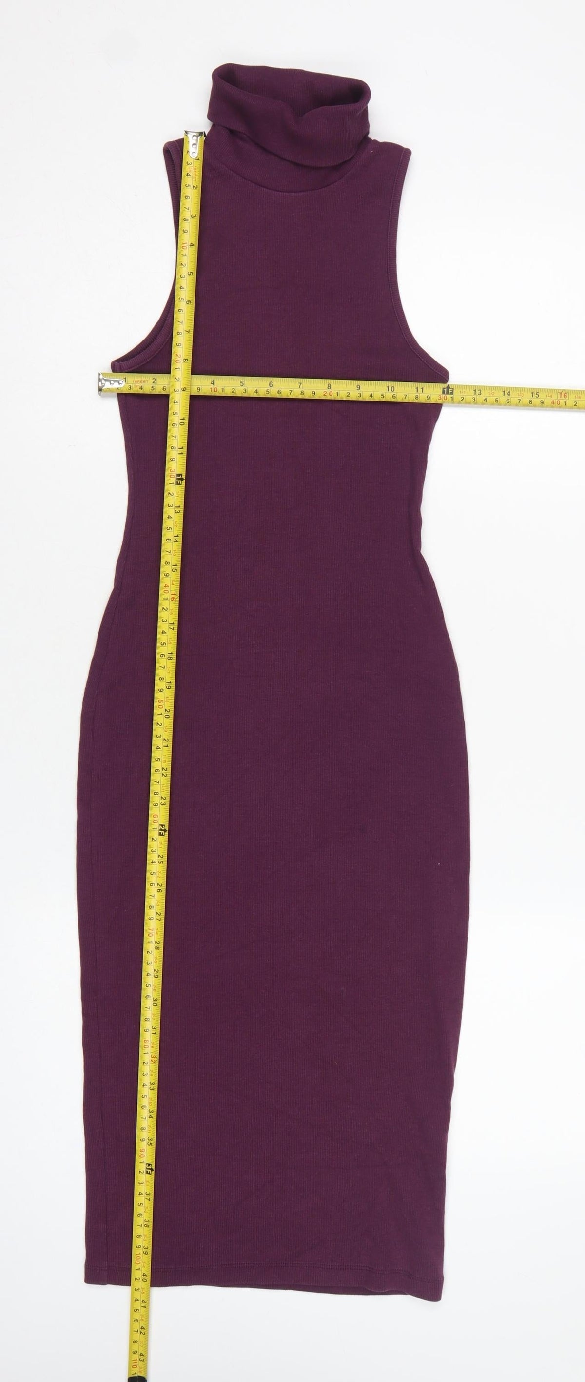 Zara Women Purple S Bodycon Midi Roll Neck Sleeveless Ribbed Dress