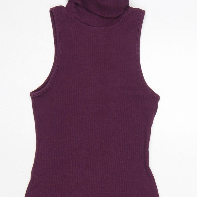 Zara Women Purple S Bodycon Midi Roll Neck Sleeveless Ribbed Dress