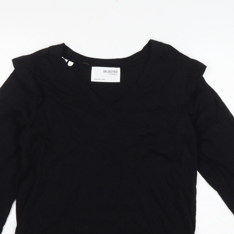 Selected Femme Women Black S Ruffle V-Neck Long Sleeve Cotton Blouse
