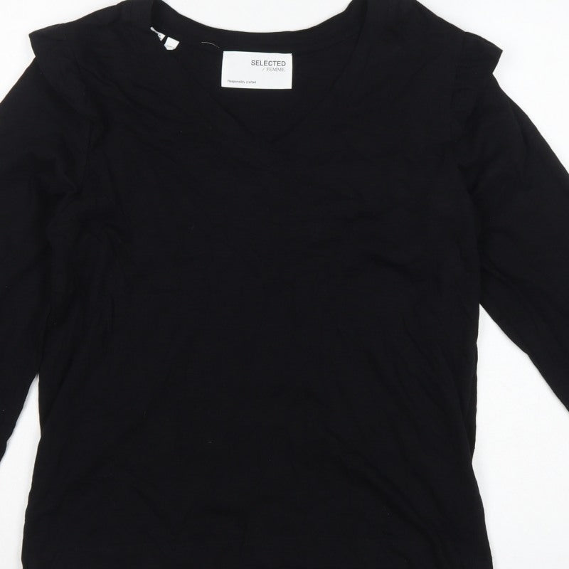 Selected Femme Women Black S Ruffle V-Neck Long Sleeve Cotton Blouse