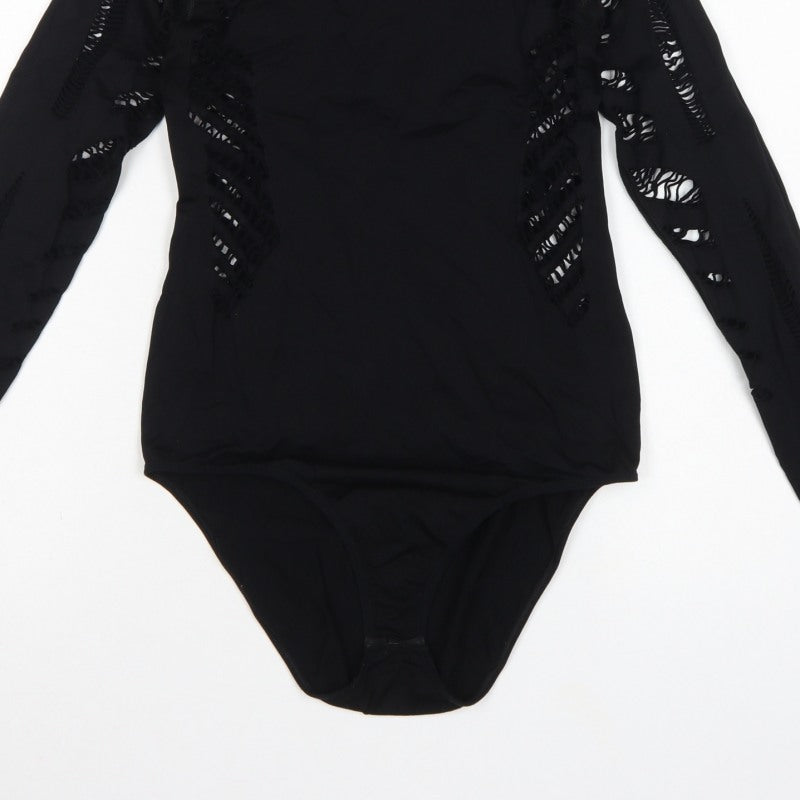 New Look Women Black M Long Sleeve Cut-Out Bodysuit Clubwear