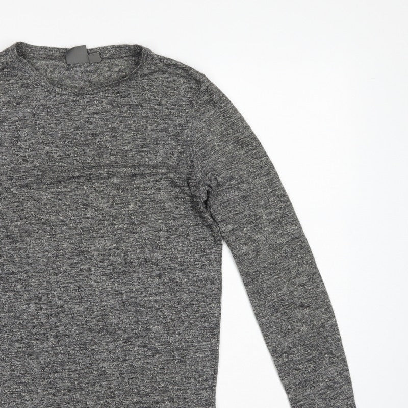 ASOS Men Grey Marl Slim Long Sleeve Crew Neck Curved Hem T-Shirt M