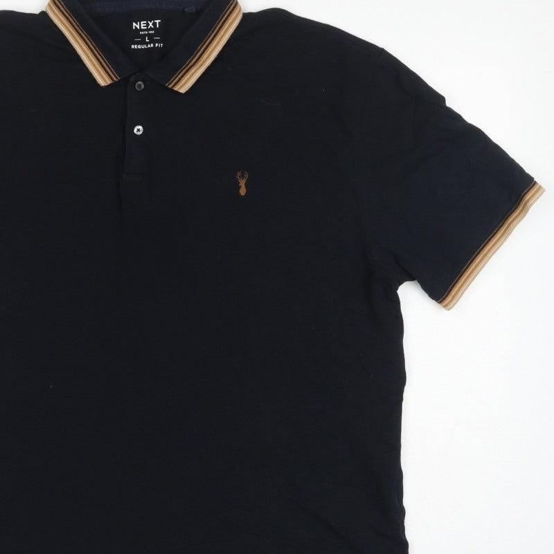 Next Men’s Black L Regular Fit Cotton Polo Shirt Striped Trim Stag Logo