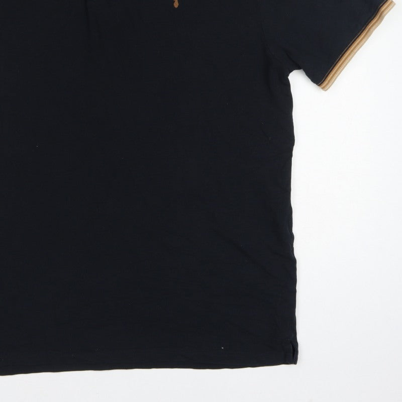 Next Men’s Black L Regular Fit Cotton Polo Shirt Striped Trim Stag Logo