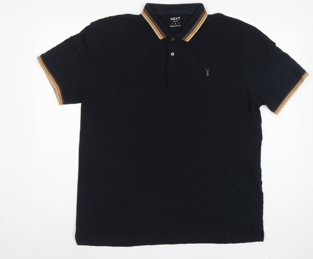 Next Men’s Black L Regular Fit Cotton Polo Shirt Striped Trim Stag Logo