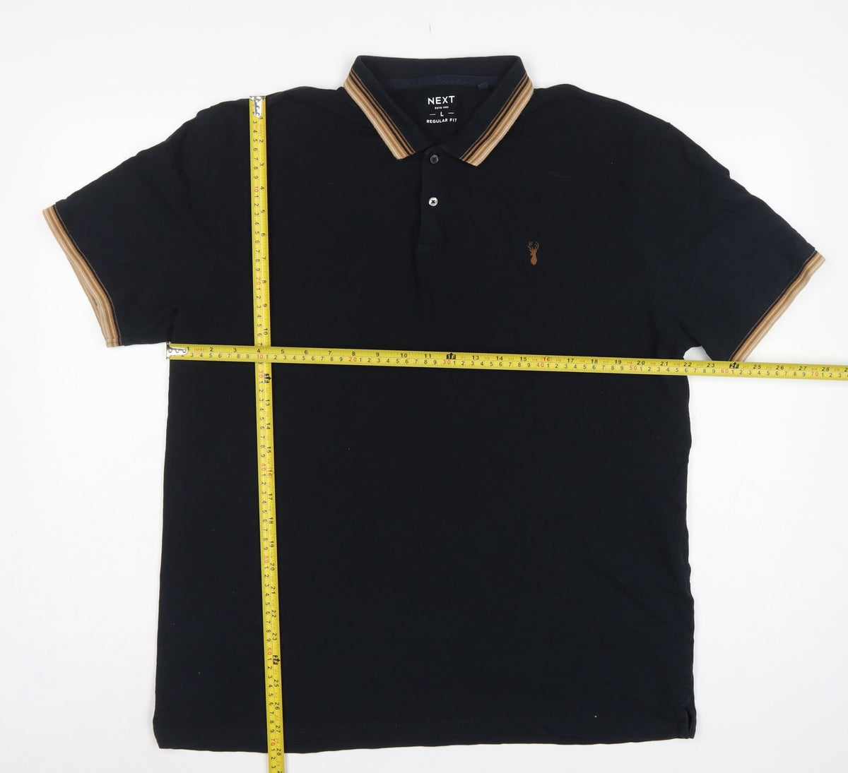 Next Men’s Black L Regular Fit Cotton Polo Shirt Striped Trim Stag Logo