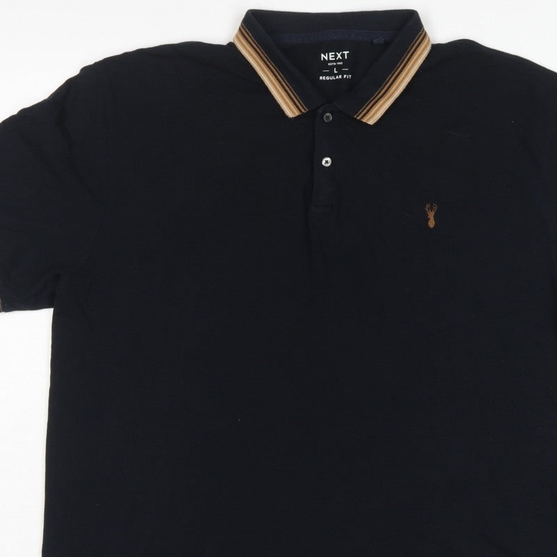 Next Men’s Black L Regular Fit Cotton Polo Shirt Striped Trim Stag Logo