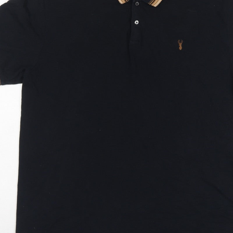 Next Men’s Black L Regular Fit Cotton Polo Shirt Striped Trim Stag Logo