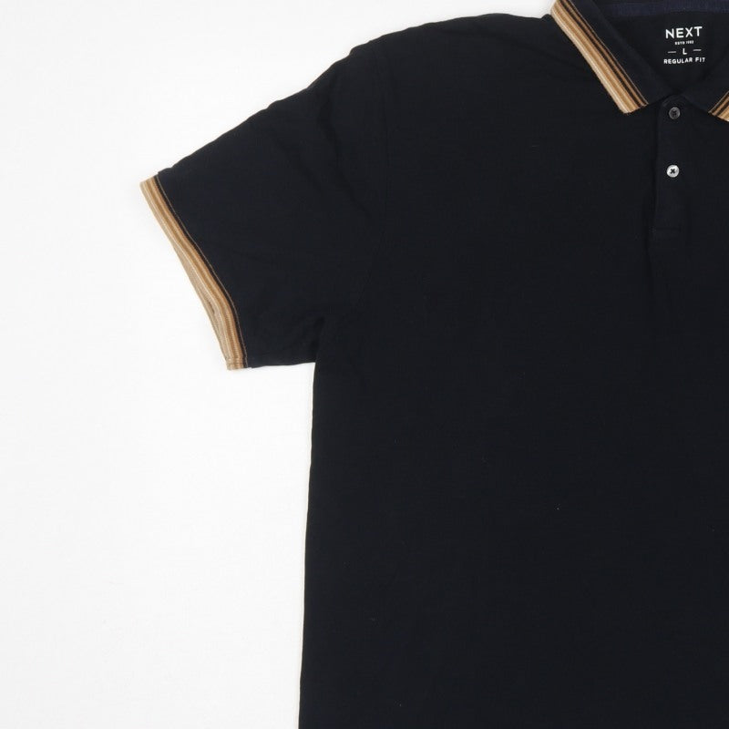 Next Men’s Black L Regular Fit Cotton Polo Shirt Striped Trim Stag Logo