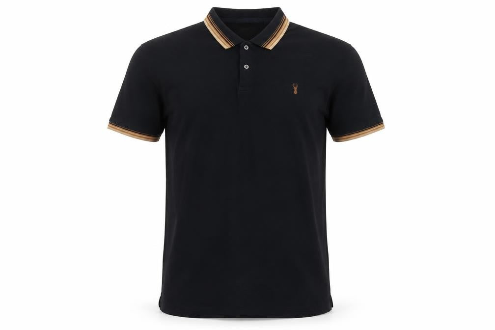 Next Men’s Black L Regular Fit Cotton Polo Shirt Striped Trim Stag Logo