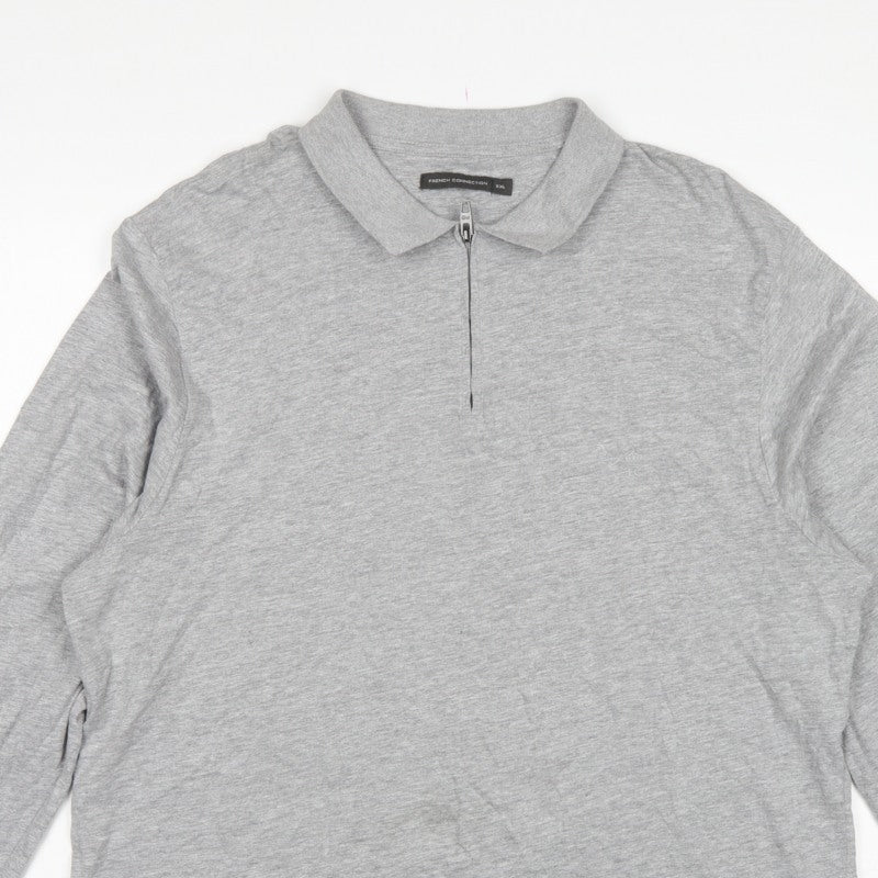 French Connection Men Grey 2XL Long Sleeve 1/4 Zip Polo Shirt