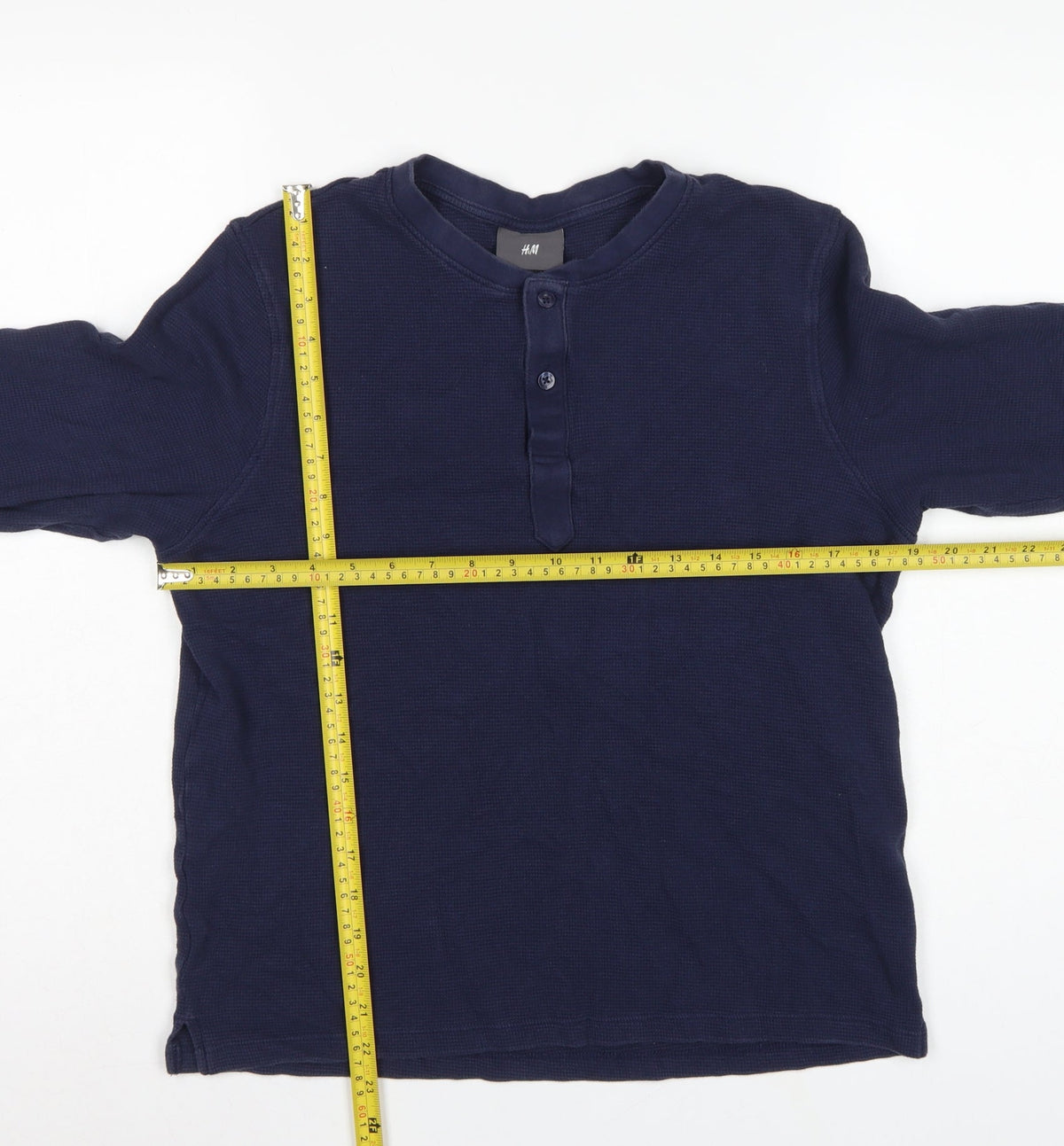 H&M Men's Blue M Long Sleeve Waffle Knit Henley Cotton T-Shirt