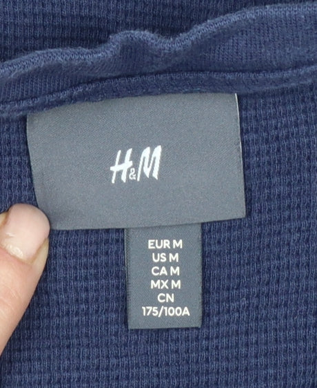 H&M Men's Blue M Long Sleeve Waffle Knit Henley Cotton T-Shirt