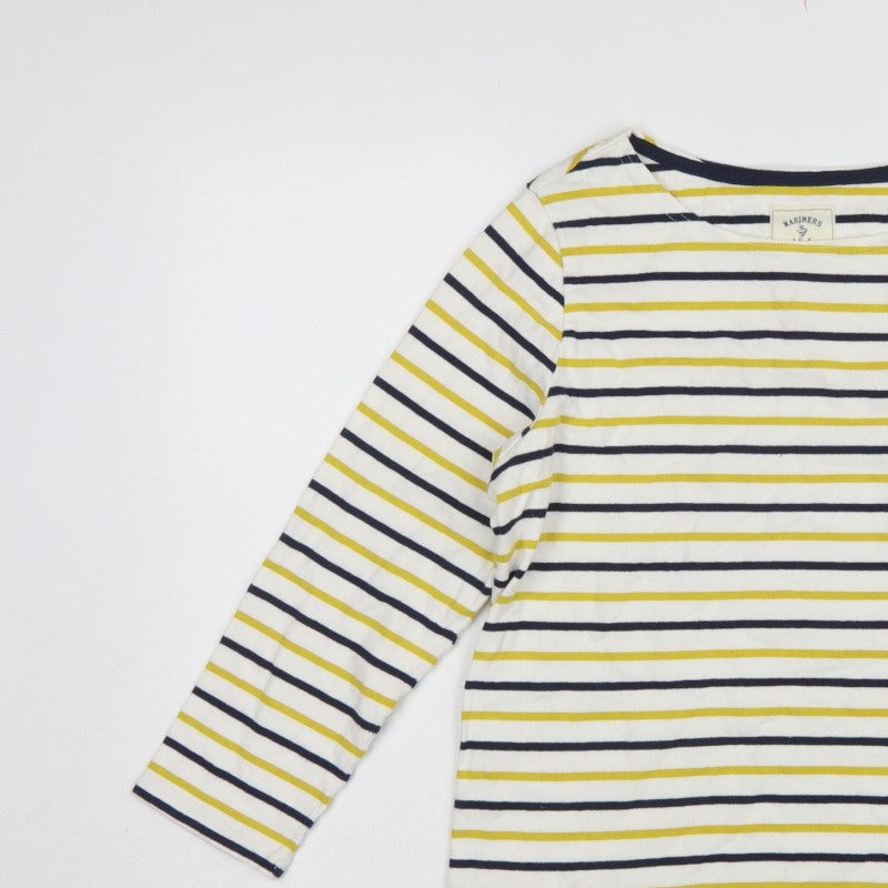 Joules Women White Navy Yellow Striped Basic Cotton Long Sleeve Top UK 14
