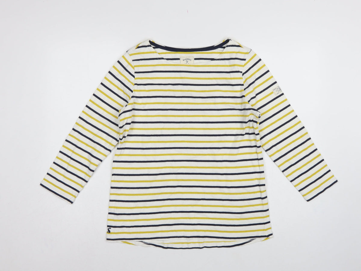Joules Women White Navy Yellow Striped Basic Cotton Long Sleeve Top UK 14