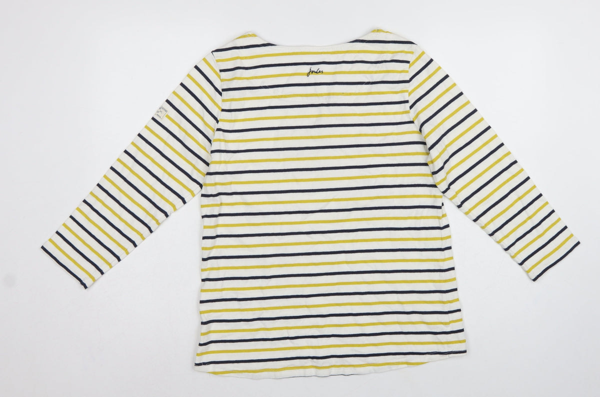Joules Women White Navy Yellow Striped Basic Cotton Long Sleeve Top UK 14
