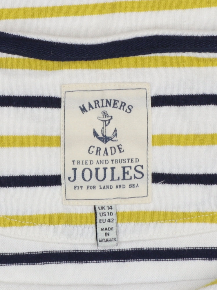 Joules Women White Navy Yellow Striped Basic Cotton Long Sleeve Top UK 14
