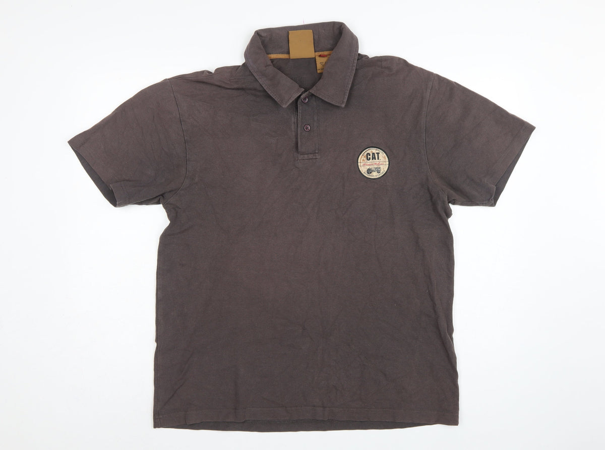 Back view of CAT men’s brown l premium workwear logo short sleeve polo shirt