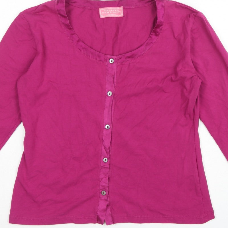 Charles Tyrwhitt Women’s Pink M Cotton Stretch Button-Up Scoop Neck Top