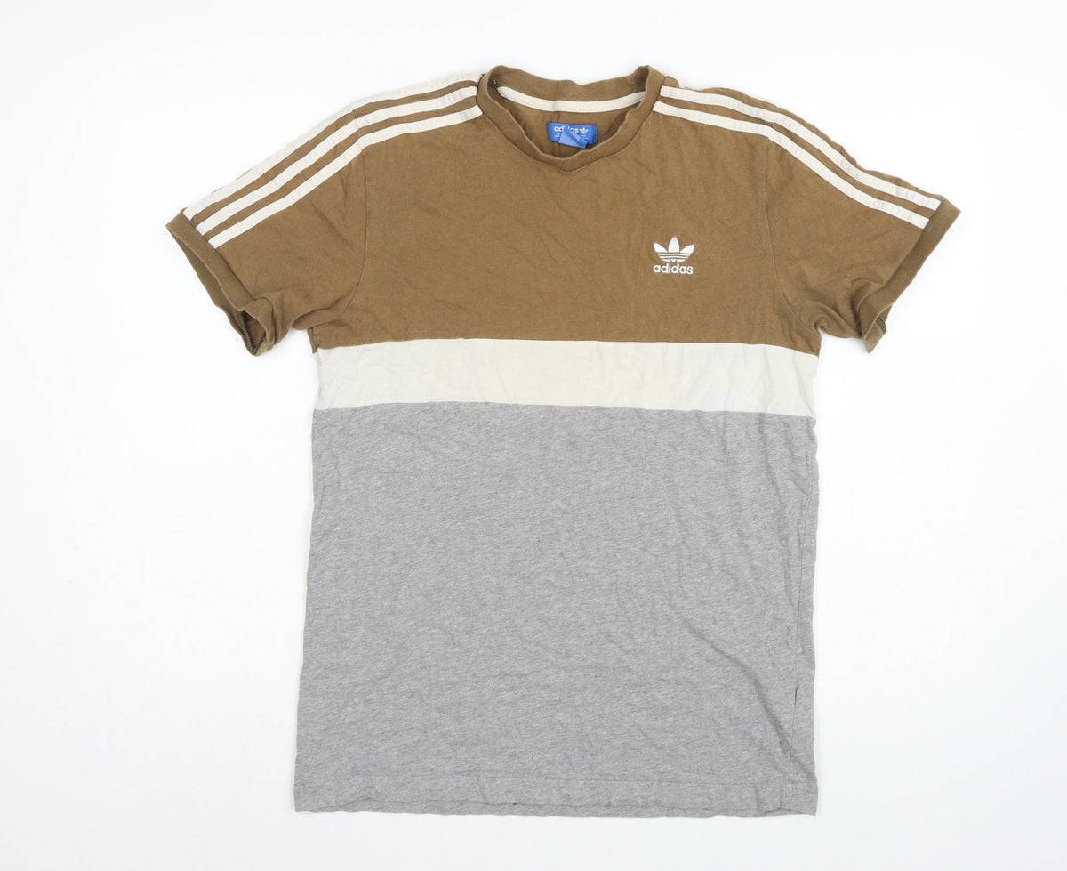 Adidas Men’s Brown Colourblock 3 Stripe Logo Crew Neck T-Shirt UK M