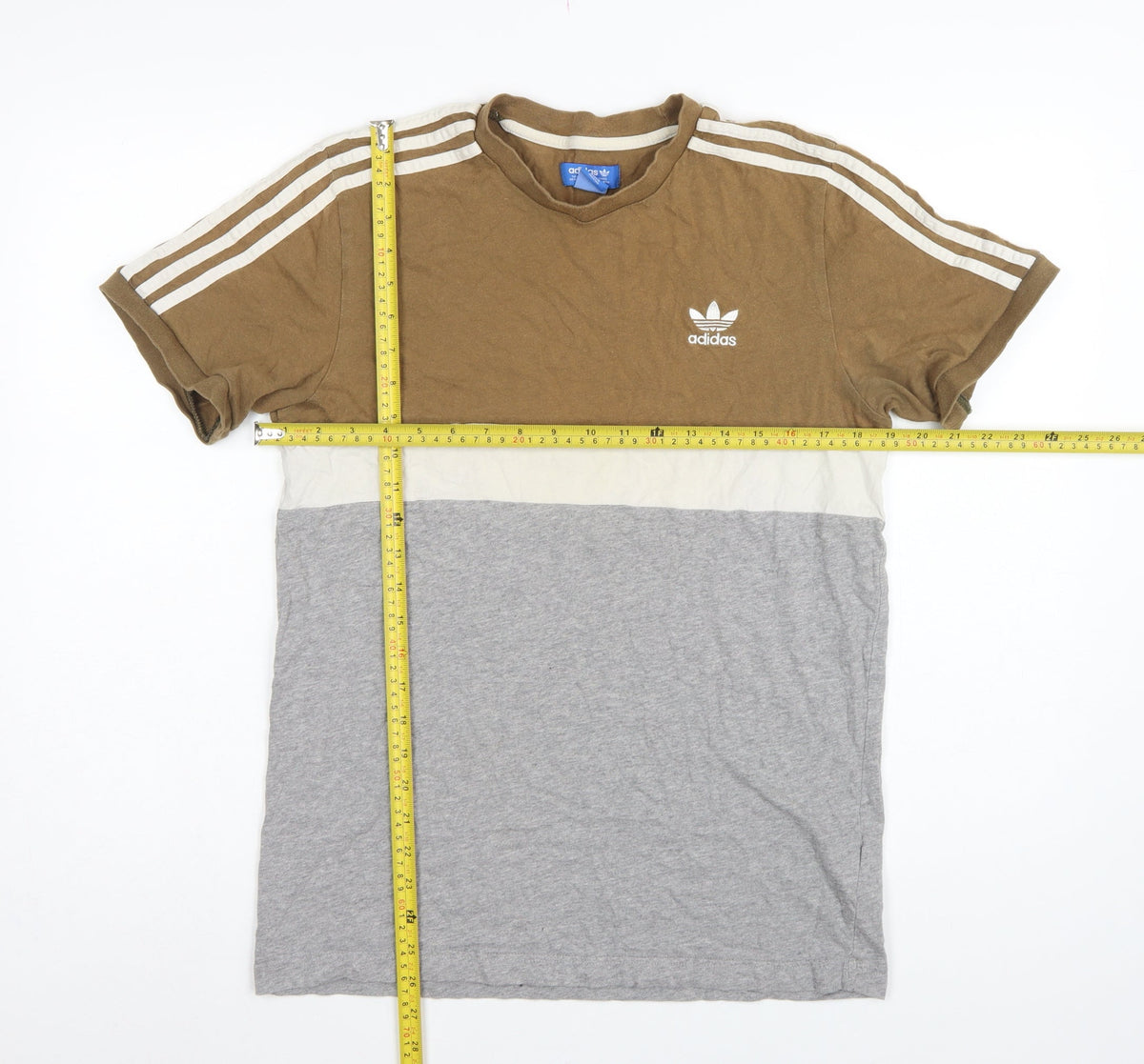 Adidas Men’s Brown Colourblock 3 Stripe Logo Crew Neck T-Shirt UK M