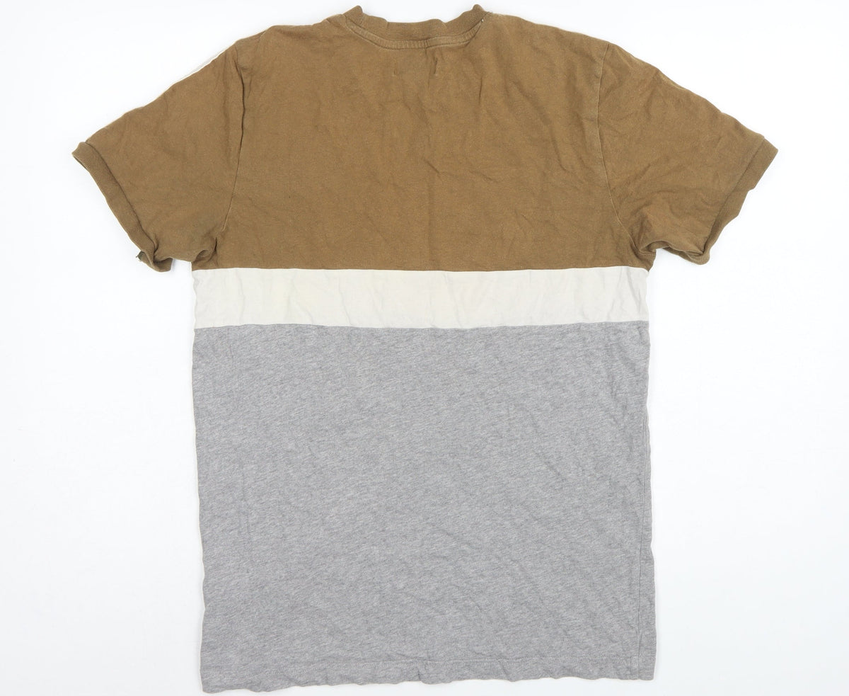 Adidas Men’s Brown Colourblock 3 Stripe Logo Crew Neck T-Shirt UK M