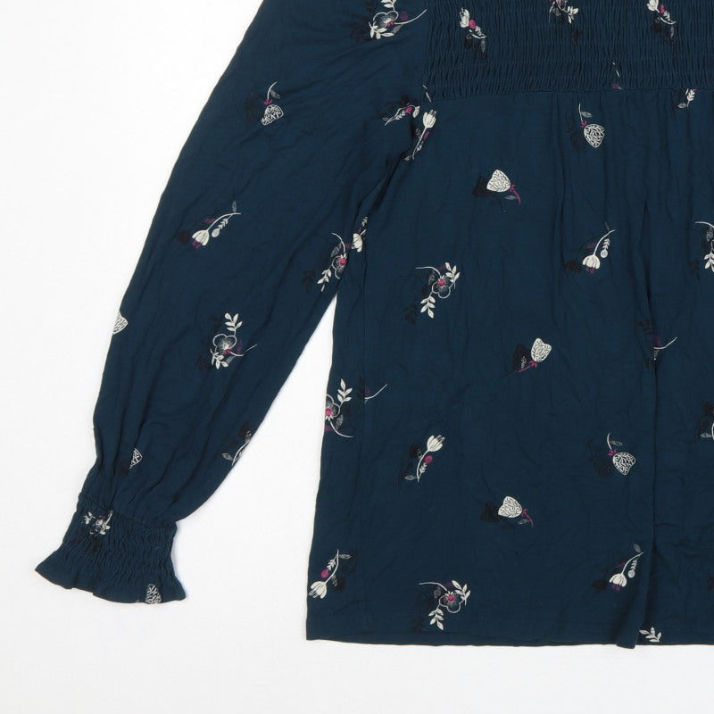 Next Women Blue UK 16 Floral Smocked Long Sleeve Blouse