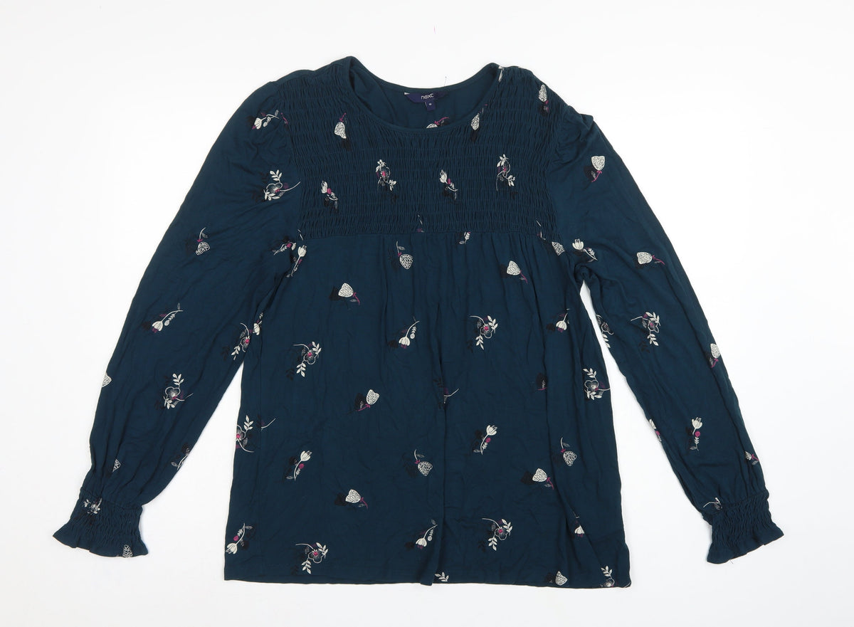 Next Women Blue UK 16 Floral Smocked Long Sleeve Blouse