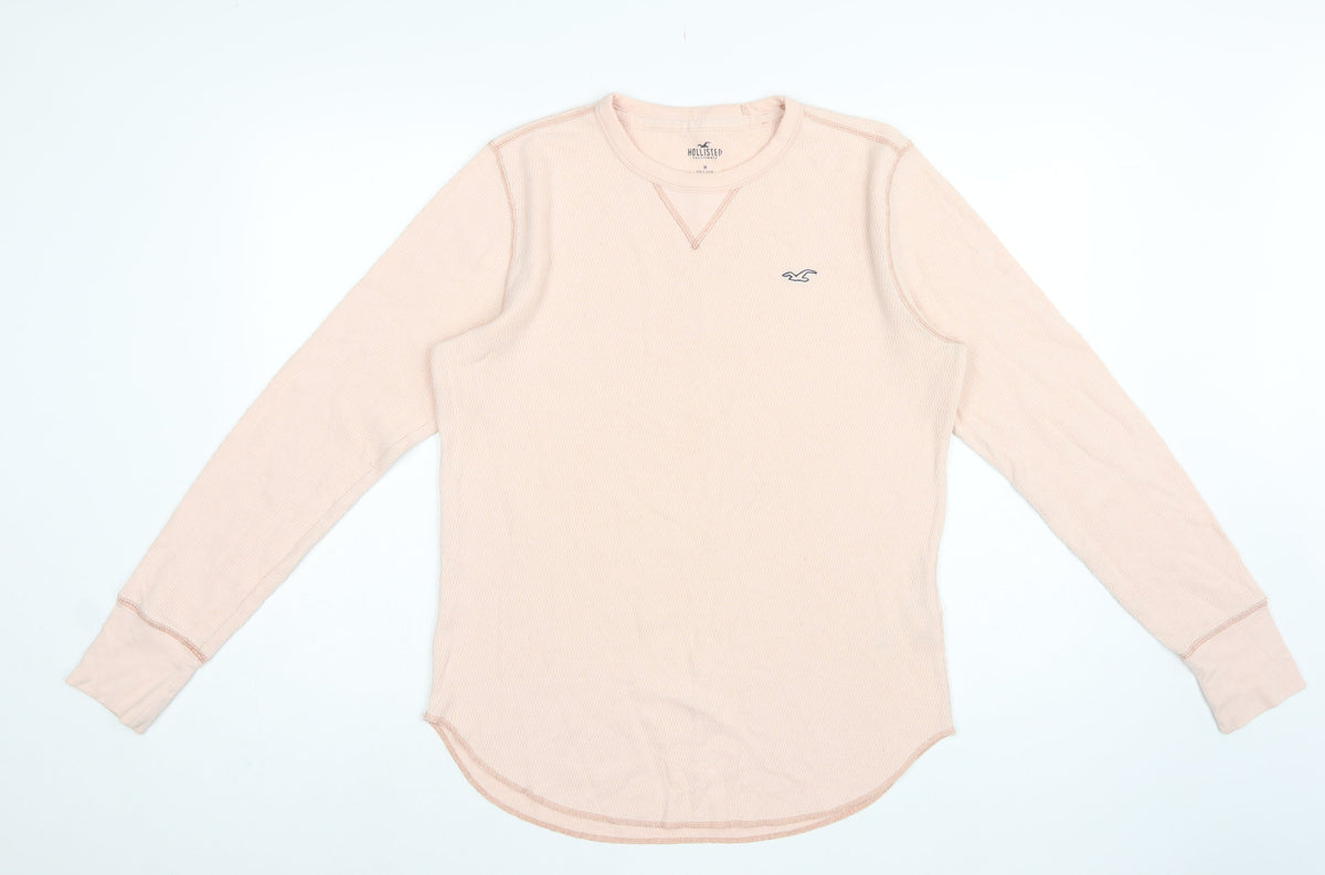 Hollister Men's Pink M Waffle Knit Long Sleeve Crew Neck Logo T-Shirt