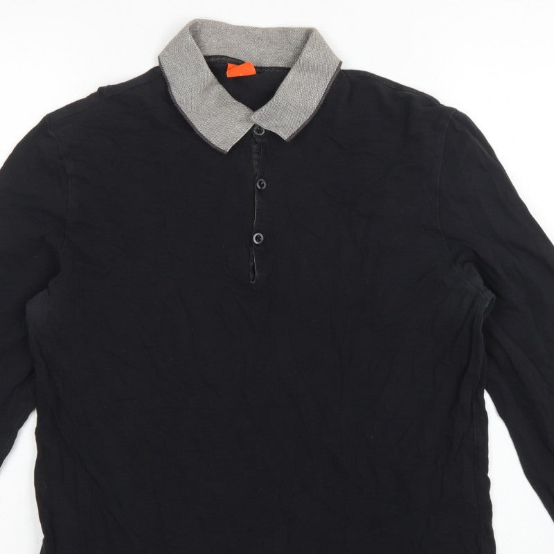 Hugo Boss Mens Black Grey Long Sleeve Cotton Polo Shirt L Logo