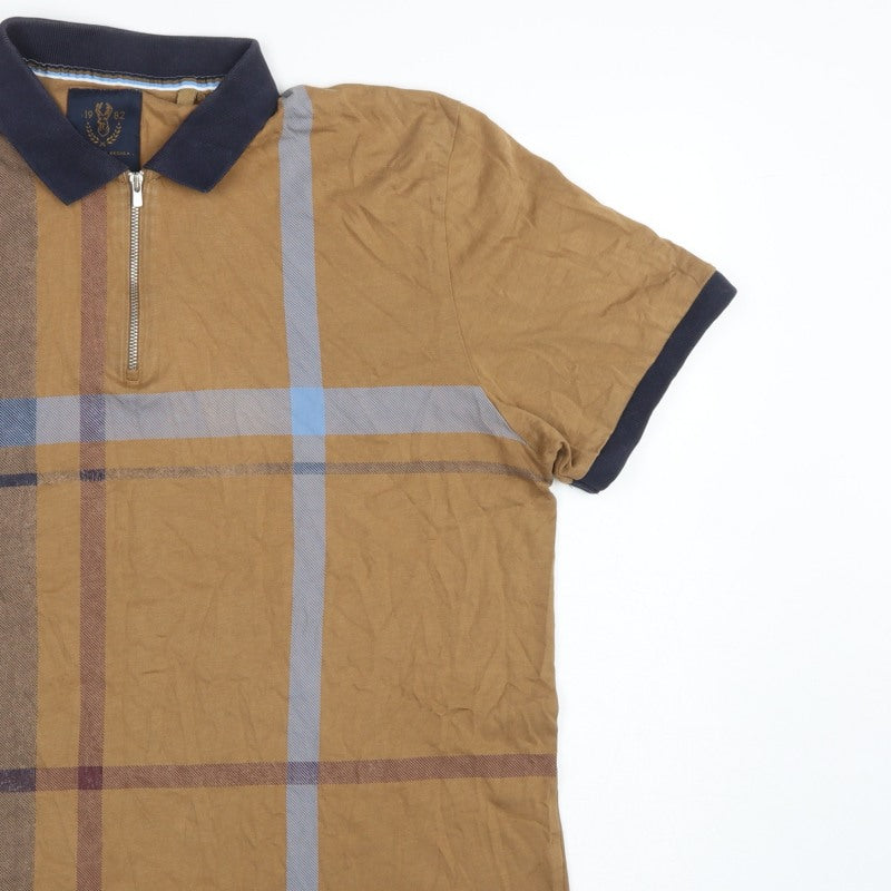 Next Men's Brown XL Check 1/4 Zip Short Sleeve Cotton Polo Shirt