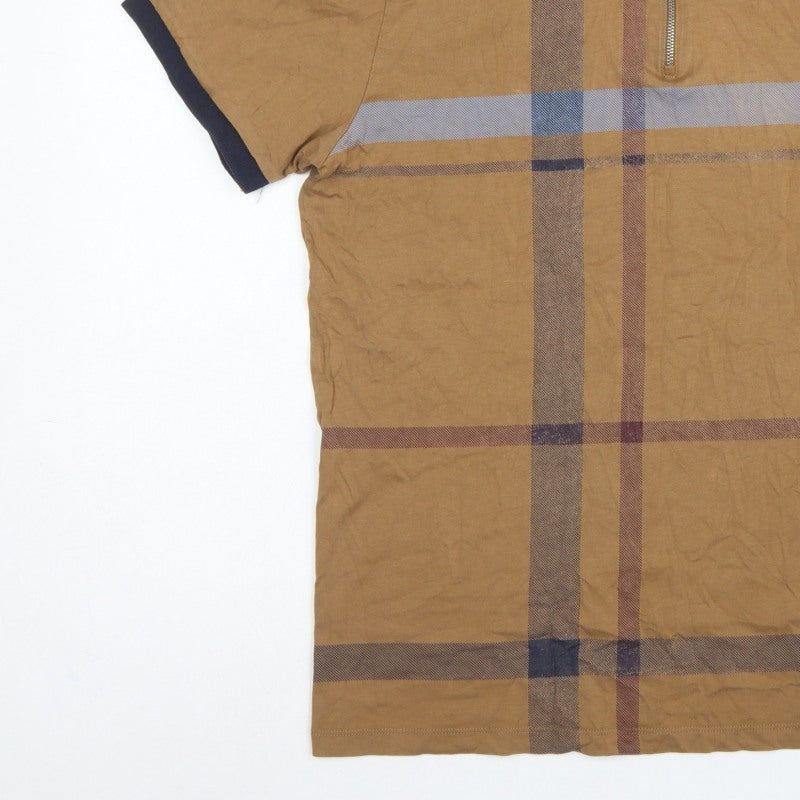 Next Men's Brown XL Check 1/4 Zip Short Sleeve Cotton Polo Shirt
